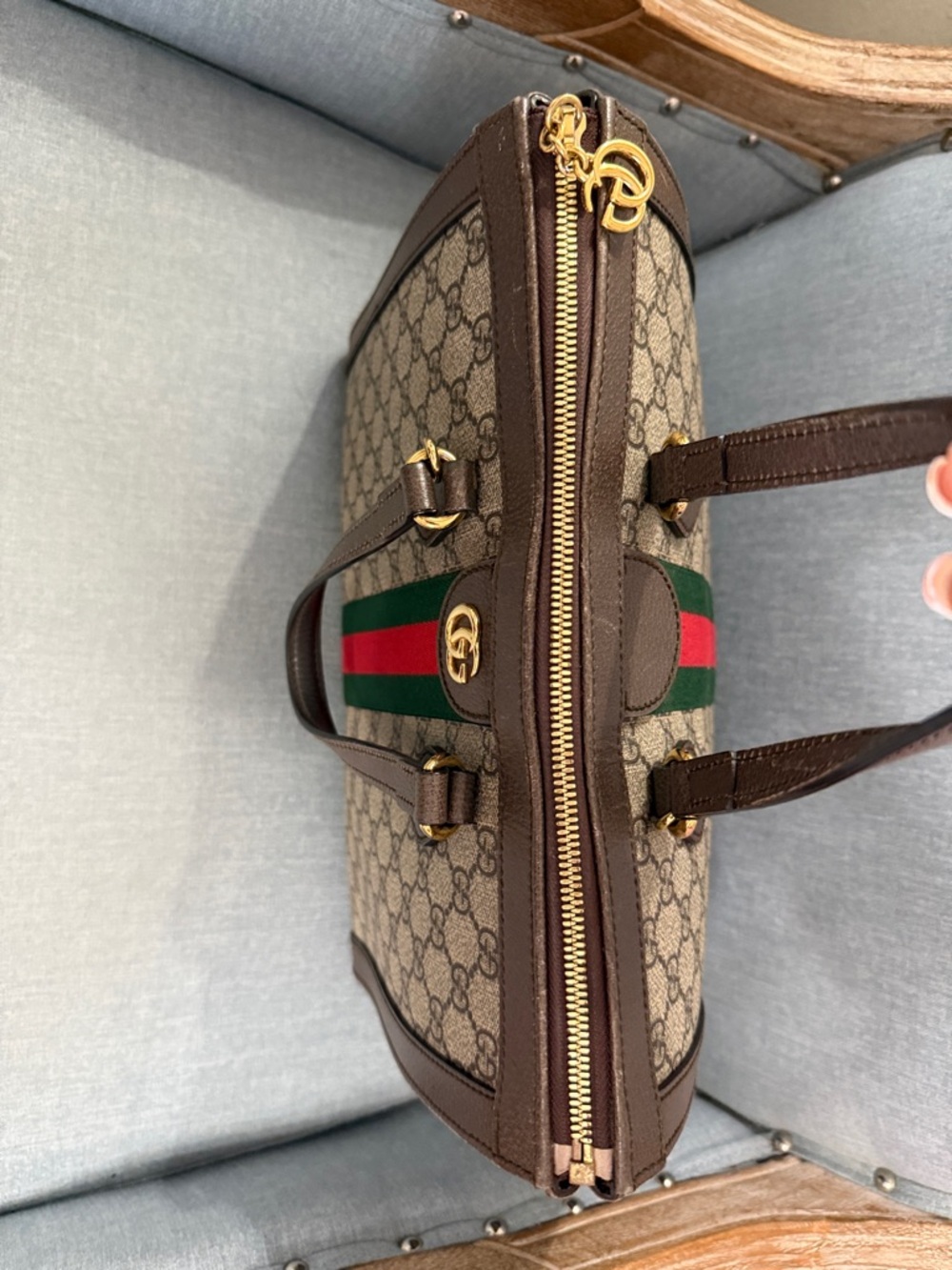 Gucci Brown GG Supreme Medium Canvas Tote with Green-Red Stripe - Picture 5 of 16